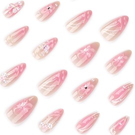 3D Handmade Press on Nails with Charms Almond Fake Nails 3D Butterfly Nail Art Charms False Nails Flower Pearl Rhinestones Crystal Acrylic Nail Reusable Glossy Glue on Nails for Women,24Pcs