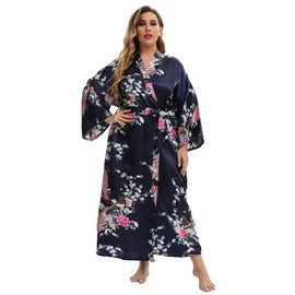 feslieacc Women's Floral Long Satin Robes Plus Size Long Silk Robes Peacock Floral Kimonos Sleepwear Dressing Gown, Peacock | Navy, 4X-Large-5X-Large Plus