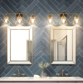 Quasipeda 3 Light Bathroom Vanity Light Black and Gold, Modern Bathroom Light Fixtures Over Mirror with Clear Glass Shade, Wall sconces Lighting for Bathroom, Living Room, Bedroom