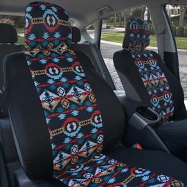 BDK Blue Aztec Car Seat Covers for Front Seats, 2 Pack – Geometric Print Front Seat Cover Set with Matching Headrest, Sideless Design for Easy Installation, Universal Fit for Car Truck Van and SUV