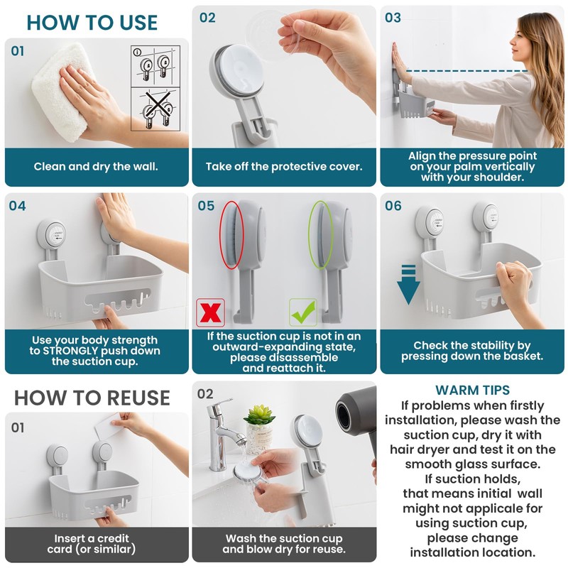 TAILI Bathroom Shelf Suction Shower Caddy Shower Storage No Drilling