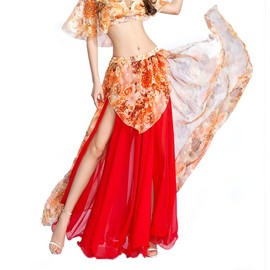 ROYAL SMEELA Disfraz de danza del vientre para mujer, falda de gasa para danza del vientre, falda de danza del vientre, dos aberturas laterales, Rojo, Talla única