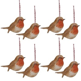Set of 8 Wooden Christmas Robin Tree Decorations 2694