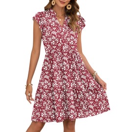 AUSELILY Women's Summer Ruffled Sleeve Dresses V Neck Empire Waist Mini Sundress with Pockets 2025 New, New Floral Red M