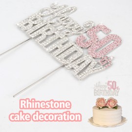 Nelbiirth Decoración para tartas con diamantes de imitación plateados y rosados de 50 años, diseño de «Cheers to 50 Years» y «Cheers to 50 Years Fifty Bday»