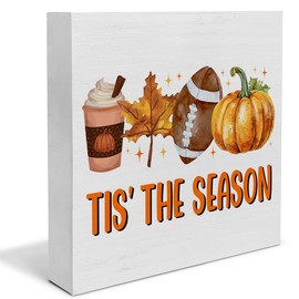 Fall Football Decor, Tis' the Season Farmhouse Fall Decor, Autumn Harvest Thanksgiving Wood Box Sign for 5 x 5 Inches