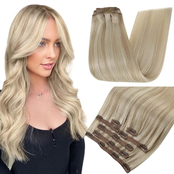 RUNATURE Clip in Hair Extensions Real Human Hair Blonde 14 Inch 120g Clip in Human Hair Extensions Ash Blonde Highlight Platinum Blonde Double Weft Clip on Remy Hair Extensions for Women 7Pcs