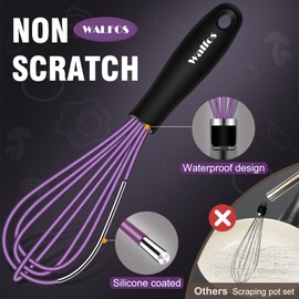 Walfos Whisk,5+7Inch Mini Whisk,Silicone Whisk Non Scratch Whisk,Heat Resistant(480°F) Small Whisk Suitable for stirring individual eggs and mixing small amounts of powder and sauce. (Purple & Green).