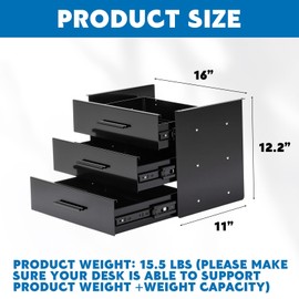 Menkxi 16 Inch Slide out Under Desk Drawer 3 Layer Pull out Desk Organizer Storage Metal Mounted Sliding Hidden Under Counter for Writing Office Sit Stand Workstation, Vertically Stacked, Black
