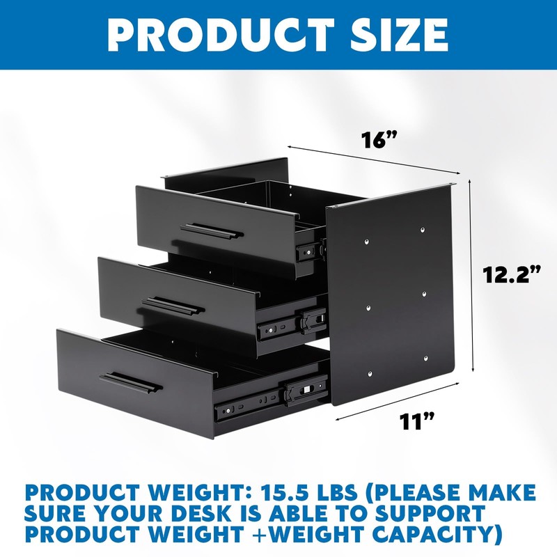 Menkxi 16 Inch Slide out Under Desk Drawer 3 Layer
