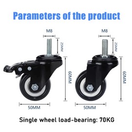 Pack of 4 50 mm Furniture Castors, M8 x 25 mm Screw Fixed Castors, Silent Swivel Castors 2 with Brake, Up to 70 kg (per Roll), 360 Degree Rotation for Transport Castors / Castors for Devices and