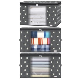 Vinsani 3pcs Deluxe Clothes Storage Bags Organizer Large Capacity Double Zipper, Moisture-Proof Big Clear Windows Perfect Space for Clothes, Beddings, Blankets and Duvet - Grey Star