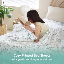 Whitney Home Textile Floral Printed Queen Sheet Set - Soft Boho Botanical Rustic Pattern Bed Sheets, Microfiber Bedding & Pillowcases, Oeko-Tex, Wrinkle Free, 4 Piece (Queen Size)