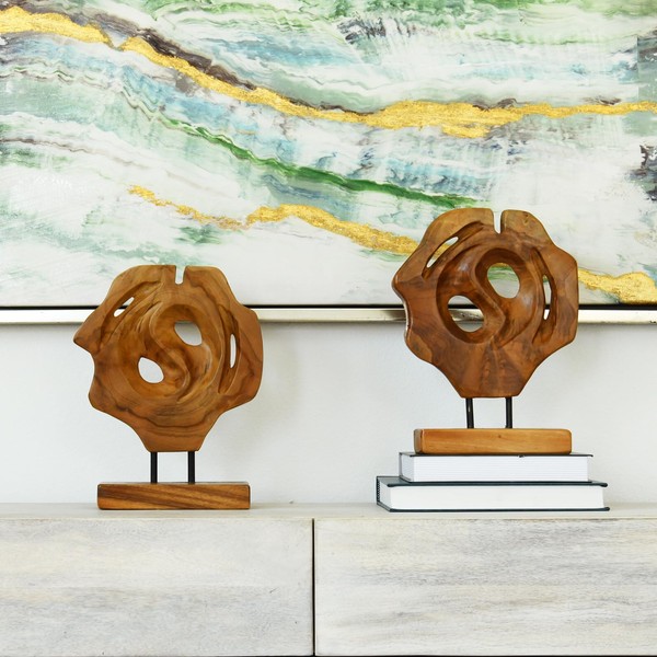 WELLAND Set of 2 Teak Abstract Handmade Sculpture Live Edge