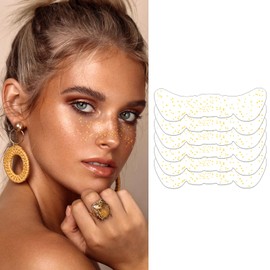 6 Pcs Gold Long Lasting Glitter Freckles, Cute Sparkle Makeup Patches, Waterproof Temporary Face Tattoo,Party Rave Glitter Makeup Accessories (Gold Pattern 5)