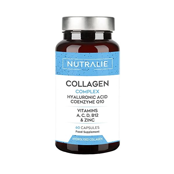 Collagen + Hyaluronic Acid + Coenzyme Q10 + Vitamins A, C, D and B12 + Zinc | for Skin, Joints and Hair | Hydrolysed Collagen 60 Capsules | Nutralie