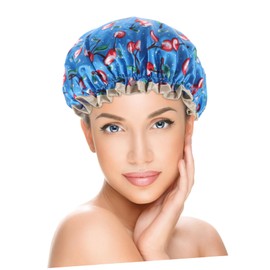 Ipetboom Bathing Hat for Women Double Layer Shower Cap Soft Elastic Band Cherry Print Hair Cap for Travel Spa