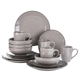 Vancasso Navia 16PC Stoneware Dinner Set for 4 - Speckled Spray Spot Pattern with 4 Dinner Plates, 4 Side Plates, 4 Bowls and 4 Mugs - Color: Oceano