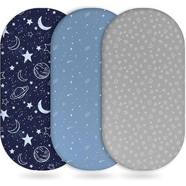 Baby Bassinet Sheets Girl Boy, Fitted Bassinet Sheet Set 3 Pack Bassinet Mattress Sheets Universal Fit for Rectangle, Round, Oval, Hourglass Mattress, Soft Breathable Blue Gray Planet