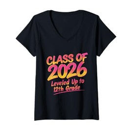 Womens Class of 2026 Leveled Up to 12th Grade Sunflower Graduation V-Neck T-Shirt