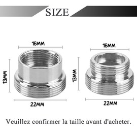 Pack of 2 Metal Tap Adapters 16 mm to 22 mm / 22 mm to 16 mm, Water-Saving Metal, Tap Aerator, Metal Adapter for Water-Saving Kitchen Tap