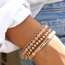 Let Them Bead Lettering Bracelet, Self Worth Motivational Stainless Steel Tube Engraved Inspirational Bracelet Gemstones Healing Crystal Stretch Beaded Bracelets Encouragement Friendship Jewelry for Women（Light Pink）