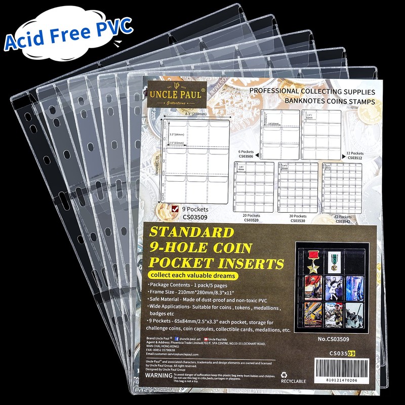 Uncle Paul Coin Collecting Pages 5 Sheets 9 Pockets Standard