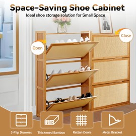 Dezyfurni Rattan shoe storage cabinet for Entryway, Bamboo Slim Shoe Cabinet with 3 flip drawers, Freestanding shoe organizer for Hallway, Narrow Space, Natural