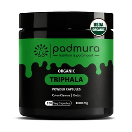 PADMURA Organic Triphala Powder Capsules 1000mg | USDA Organic Certified | Non GMO | Gluten Free | Vegan - 120 Veg Capsules
