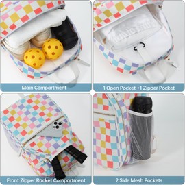 DYSHAYEN Pickleball Backpack, Pickleball Bags for Women, Pickle Ball Paddle Bag Fits 2 Paddles, Best Pickleball Accessories, Pickleball Gifts for Women （Rainbow Gingham）