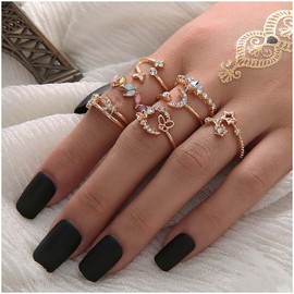 Sttiafay Boho Stacking Knuckle Joint Rings Set Gem Stackable Index Finger Ring Rhinestone Open Band Midi Finger Ring Set for Women and Teen Girls