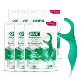 GUM Professional Clean Flossers Picks, Extra Strong Floss Proven to Remove More Plaque, Fresh Mint Flavour, 6 Bags X 90ct (540 flossers), Green