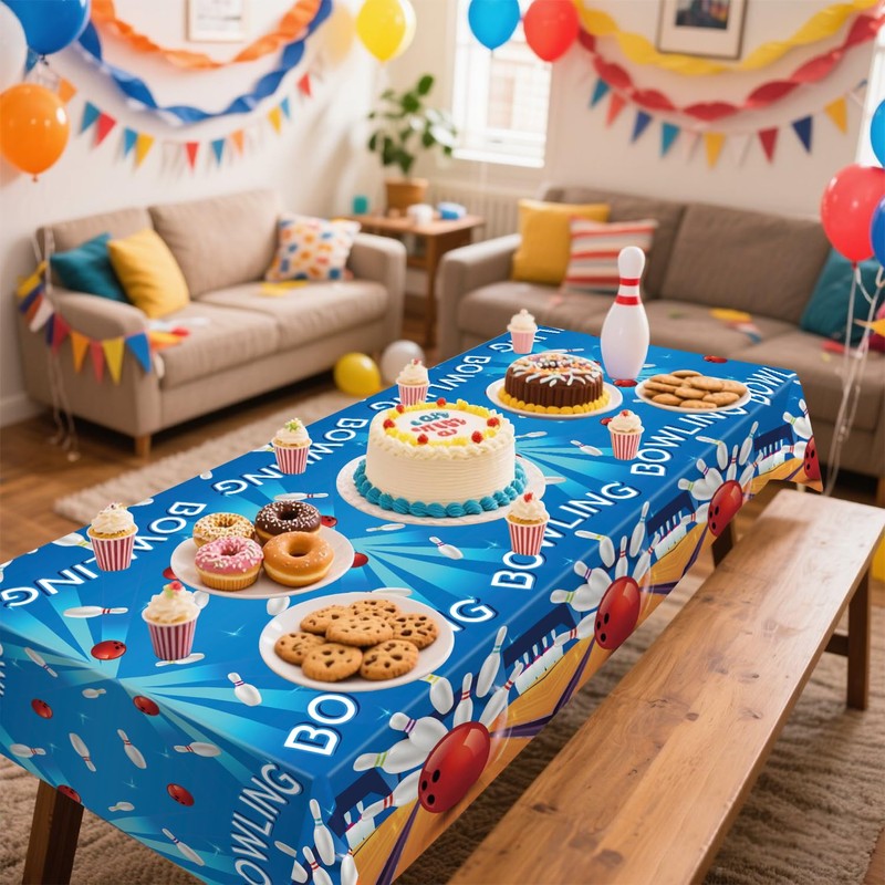 KEFAN 4 Pcs Bowling Birthday Party Tablecloths Supplies, Rectangle Bowling