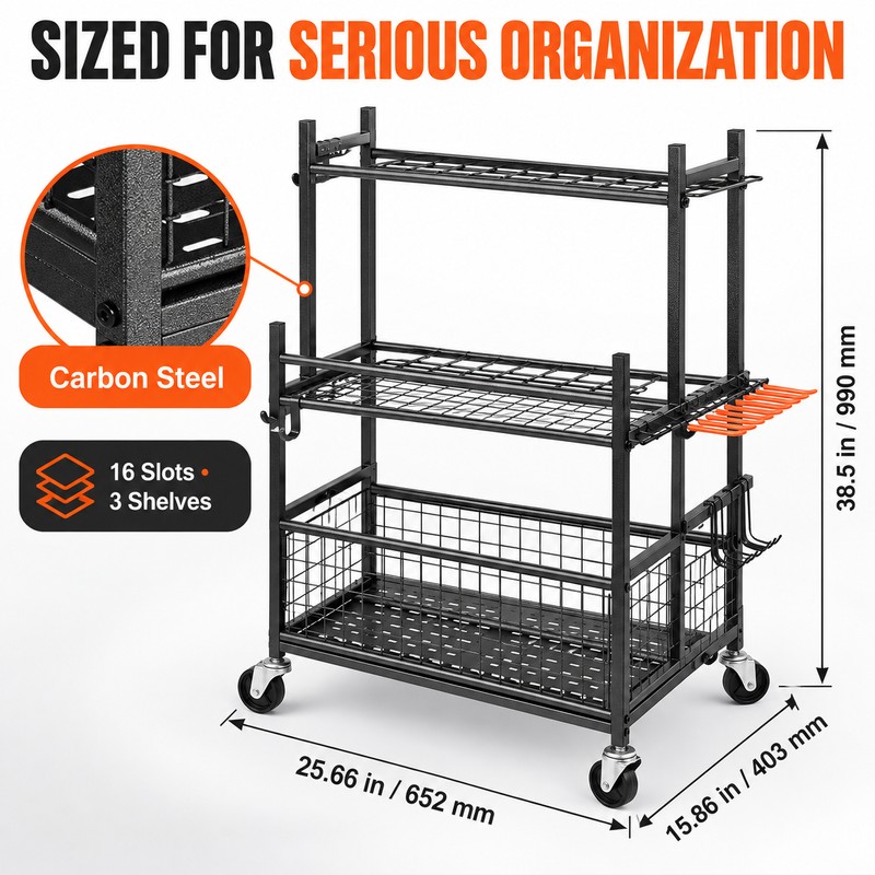 16-Slot Rolling Garden Tool Organizer Rack with 3 Shelves and