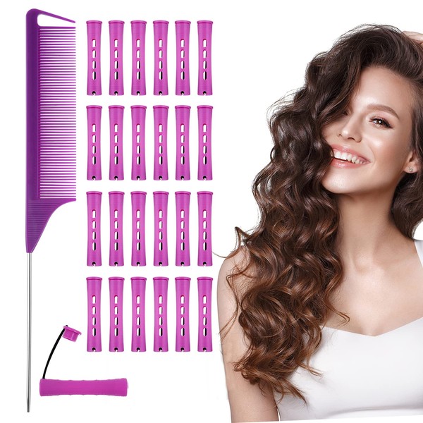 24 Piece Hair Wave Bars Set, 8 x 2 cm Curler Curler with Steel Skewer Duck Comb, Perm Bars Made of Plastic, Perm Rollers for Long/Medium/Short Hair Styling