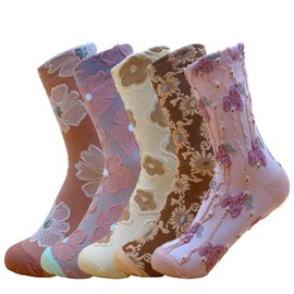 CENYINVEFI 5 Pairs Floral Socks Women Trendy Flower Socks Embroidered Vintage,Girls Cute Sweet Nordic Textured Cotton Socks (US, Alpha, One Size, Regular, Regular, A_5 Pairs Pink)