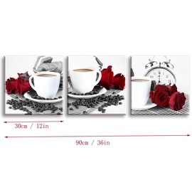 Piy Painting Wandbilder 3 Panel Rose und Kaffeetasse Bilder und Kunstdrucke auf Leinwand wasserdichte Leinwandbild Ölgemälde Deko für Wohnzimmer Schlafimmer Küche Geburtstagsgeschenk 30x30cm