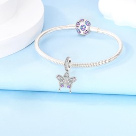 Hapour Butterfly Dangle Charm Bracelet Charm, Pendants Beads Charms for Necklaces Women Jewelry Gift Made of Sterling Silver, Cubic Zirconia & Enamel (Silver)