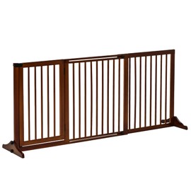 PawHut Adjustable Wooden Pet Gate, Freestanding Dog Fence for Doorway, Hall, 3 Panels w/Safety Barrier, Lockable Door, Brown, 44.5"-65.25" L x 14.25" H