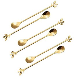 Long Handle Ice Tea Spoons Set Ice Cream Leaf Spoon Stainless Steel Cocktail Stirring Spoon Gold Coffee Spoons For Coffee Bar Dessert Hottea Shakes (6 Pcs, Gold)
