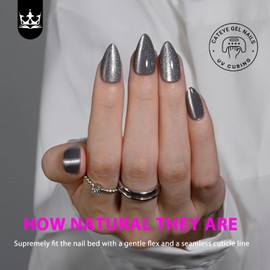 KQueenest Glitter Press on Nails Short Almond with UV Coating, Thick Cute Cat Eye Gel Nails Press on, Gloss Acrylic Fake Nails Glue on with Bling Design - 30 Reusable False Nails, Smoky Grey Sparkle