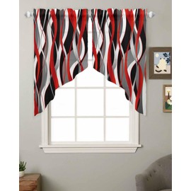 Red Black Striped Swag Curtain Valance for Kitchen Window,Grey White Ombre Stripe Voile Sheer Tier Curtain,Abstract Gradient Rod Pocket Short Swag Topper for Small Windows Bedroom 28"x36" 2 Panels