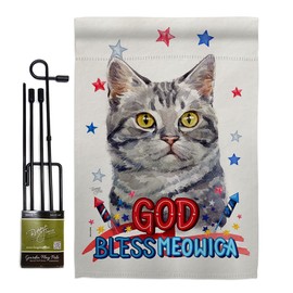 Breeze Decor Patriotic Red American Short Hair Garden Flag Set with Stand Animals Cat Kitten Meow Spoiled Paw Fur Pet Nature Farm Animal Creature Small Gift Yard House Banner Made in USA 13 X 18.5