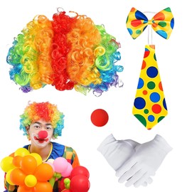 NYZQIW 5-Piece Clown Costume Set with Colourful Clown Wig, Clown Nose, Bow Tie, Tie and Gloves, Clown Costume Accessories, Clown Costume Accessories, for Carnival Cosplay Party, a