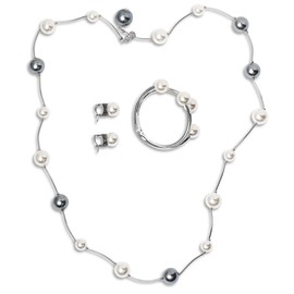 Lova Jewelry Adjustable Ivory Silver Overtone Peacock Pearl Necklace Earrings Bangle Set