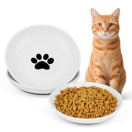 Ceramic Cat Food Bowls - 2 Pack Shallow Plates for Wet Food, Whisker-Friendly Feeding Dish with Non-Slip Silicone Base, Microwave & Dishwasher Safe for Indoor Cats & Kittens