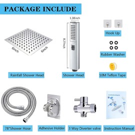 Dual Shower Head with Handheld Spray Combo, 6'' Bathroom High Pressure Square Rain Shower Head Set with 78" Stainless Steel Hose, 3 Way Diverter Valve, Adhesive Shower Head Holder, Chrome, AWAXFOLO
