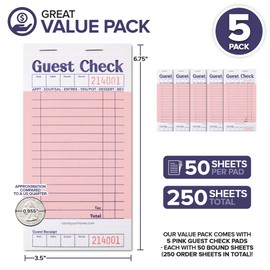 Stock Your Home Pink Guest Check Books for Servers (5 Pack) Server Note Pads, Waiter Checkbook, Food Receipt Book, Restaurant Order Pad, Paper Checks, Waitress Accessories, 250 Total Tickets