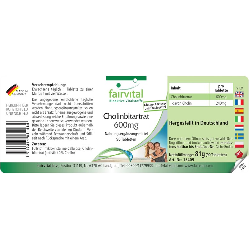 Fairvital | Cholinbitartrat 600mg - 90 Tabletten - Leber &
