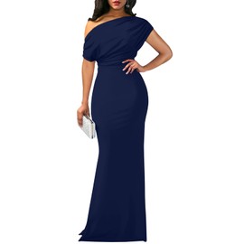 shengfan Elegant Off Shoulder Long Dress for Women Bodycon Ruched Gown Navy Blue Formal Evening Party Maxi Dresses(231Navy Blue,X-Large)